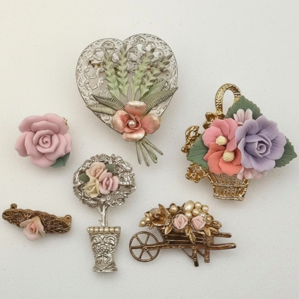 Vtg Porcelain Resin Rose Brooch Lot Victorian Revival Garden Spring Cottagecore - Picture 1 of 14